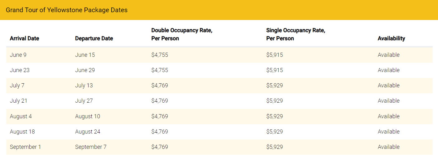 Grand Tour of Yellowstone Package Dates and Pricing 2025-Updated